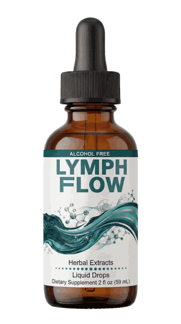 The Lymph Flow bottle: an amber glass dropper bottle labelled alcohol free, herbal extracts, liquid drops, dietary supplement 2 fl oz 59 mL